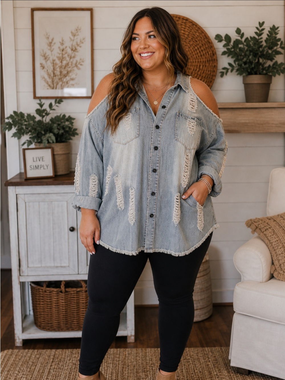Distressed Light Wash Denim Button-Down Shirt Size XL